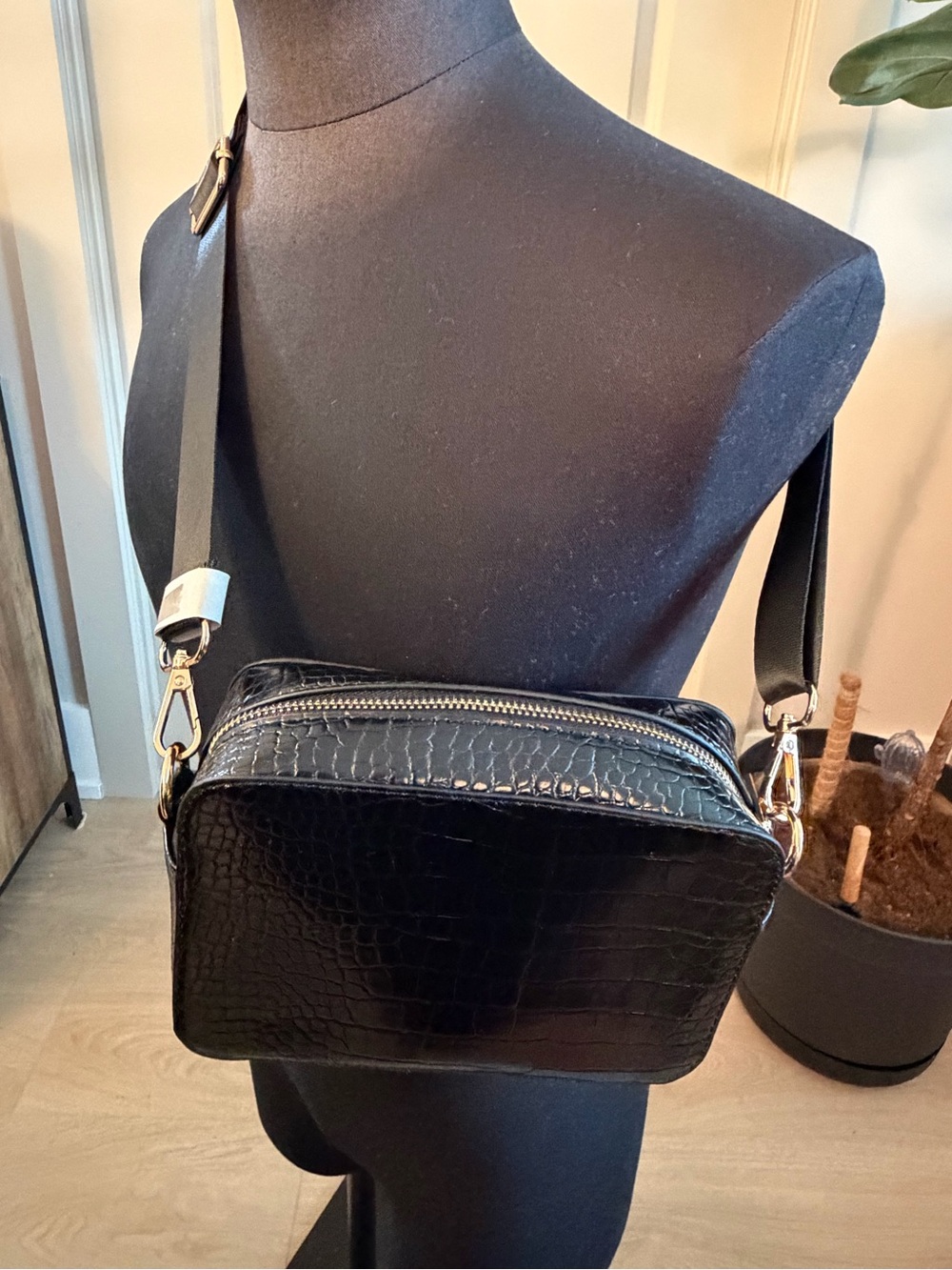 ASOS Black Croc-Embossed Crossbody Camera bag with Gold Hardware